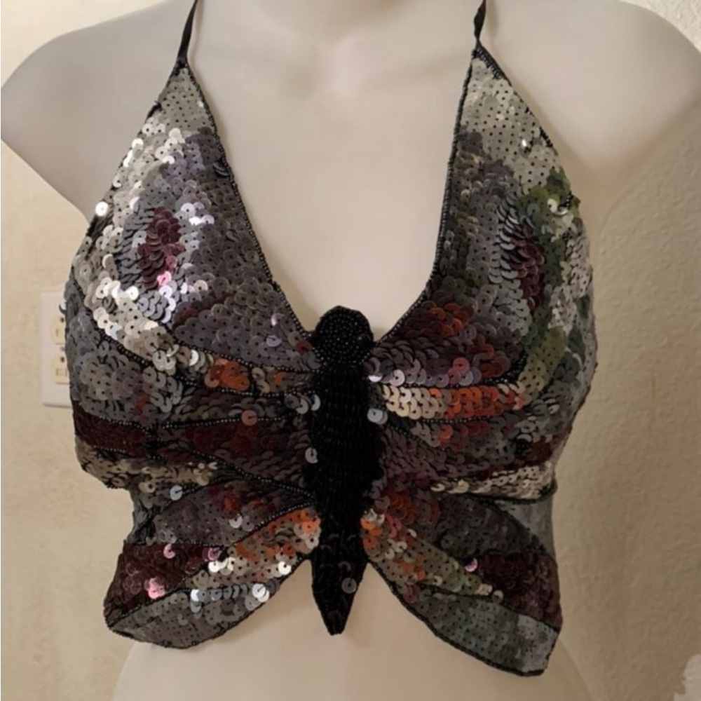 Sequin Butterfly Strappy Crop EDM Rave Top